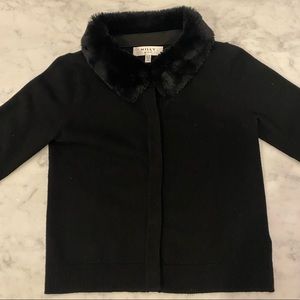 Milly Minis Girls 6/7 Black cardigan with faux fur collar and rhinestone button